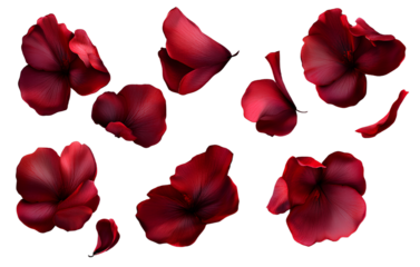 Red Flower Petals Blown in the Wind, Floating Arrangement, Transparent Background