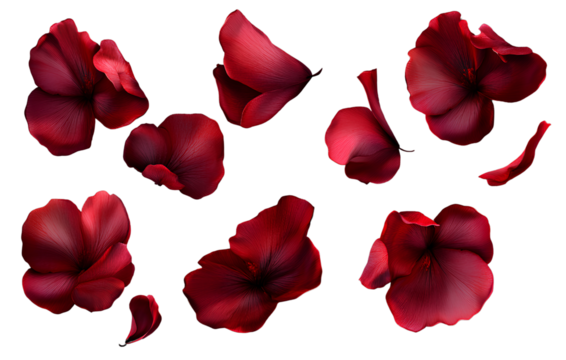 Red Flower Petals Blown in the Wind, Floating Arrangement, Transparent Background