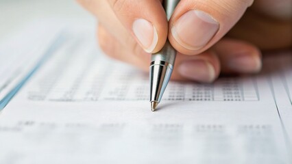 A close-up of a hand holding a pen, poised over a document filled with numbers and data.
