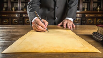 A businessman signs a document on a wooden desk, showcasing professionalism and attention to detail in a formal environment.