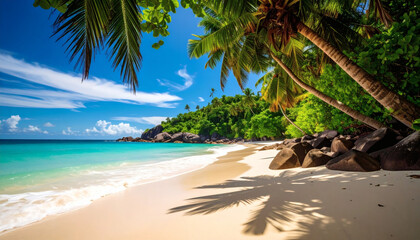 Obraz premium Beautiful tropical island beach with clear blue water, white sandy shore, palm trees, and sunny sky