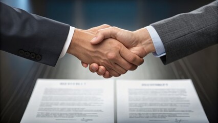 Two hands shake firmly above documents, symbolizing agreement and partnership in a professional setting.