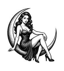 Elegant woman in dress sitting on crescent moon with wavy hair in engraving