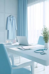 Doctor's office features a white desk, laptop, and medical coat hanging on the wall