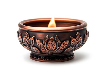 A copper bowl with leaf design and a small flame inside on a white background in a studio shot