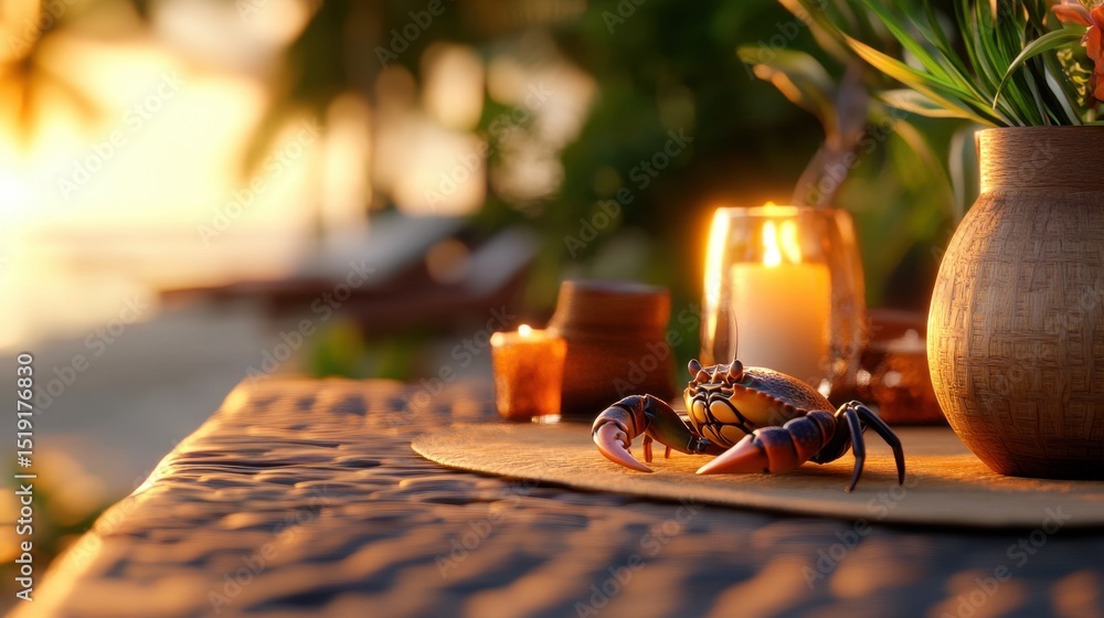 Poster tropical setting with a crab serenading the sunset on a table with soft breeze and golden light