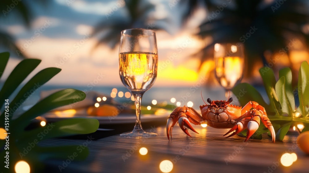 Poster tropical setting with a crab serenading the sunset on a table with soft breeze and golden light