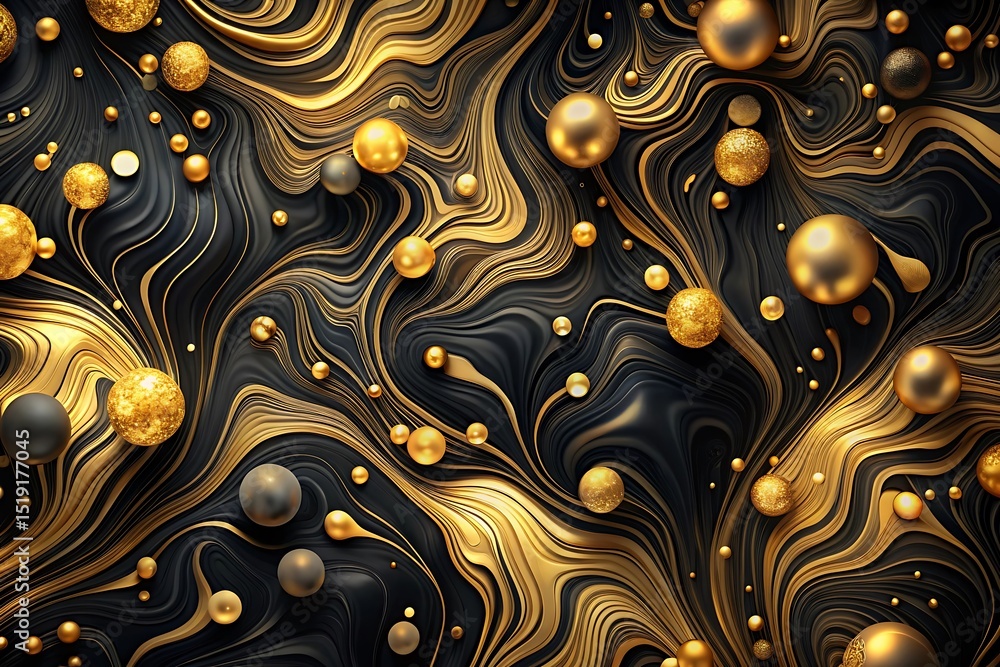 Poster elegant black and gold abstract background with swirling lines and spheres creating a luxurious and 
