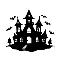 Spooky black silhouette illustration of a haunted house with bats and trees for halloween