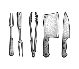 Vintage illustration of kitchen utensils including fork, knife, and tongs