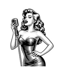 Elegant Pinup Woman Singing into Vintage Microphone with Curly Hair in Black and White Engraving