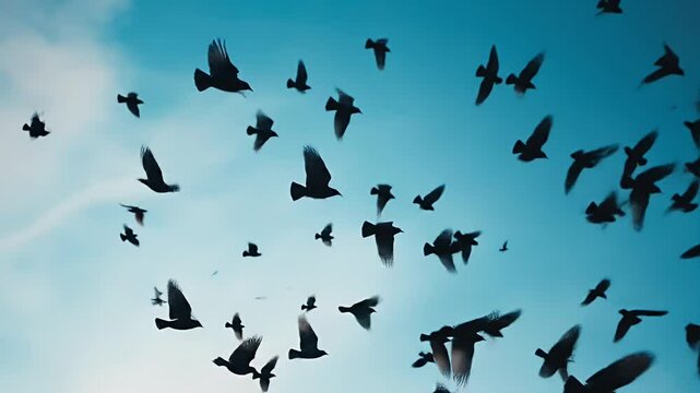 Silhouettes of A Flock Birds Flying Against Bright Blue Sky On Sunny Day Creating A Serene And Atmospheric Natural Scene Of Wildlife In Flight