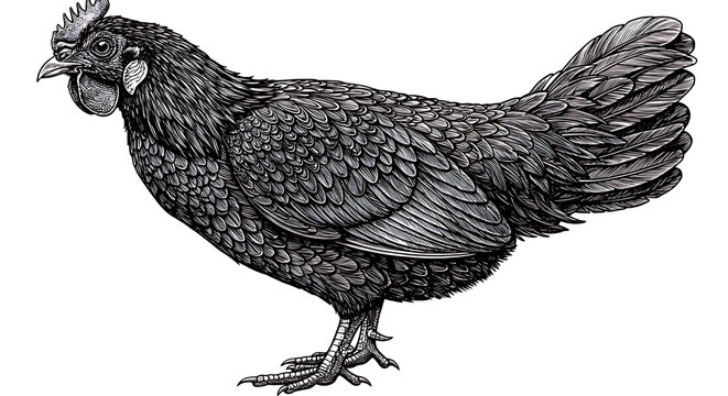 Highly detailed black and white illustration of a chicken in side profile with realistic feathers, textured comb and claws, and fine linework on a plain white background