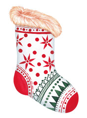 New Year's stocking for gifts. Watercolor illustration.