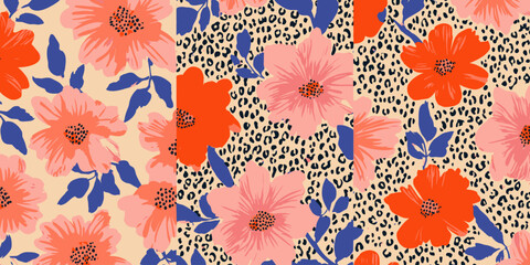Vibrant Hand-Drawn Floral Print Exotic Blooms & Leopard Spots