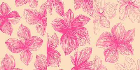 Exotic Hand-Drawn Pink Flowers Seamless Pattern Pastel Floral Background Illustration