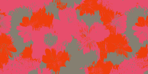 Hand-Drawn Exotic Flower Seamless Pattern Vibrant Pink and Orange Floral Design