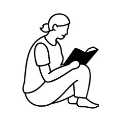 Woman reading a book while seated simple minimalist black and white line art illustration