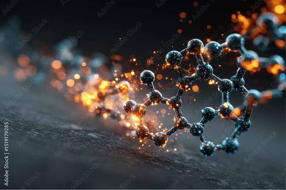Poster graphene structure with orange bokeh lights on textured surface in science visualization