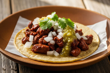 A rustic-style food photo of Taco al Carbon ala Colorado on a wooden dining table.