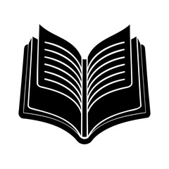 Simple black and white illustration of an open book with pages and lines depicted