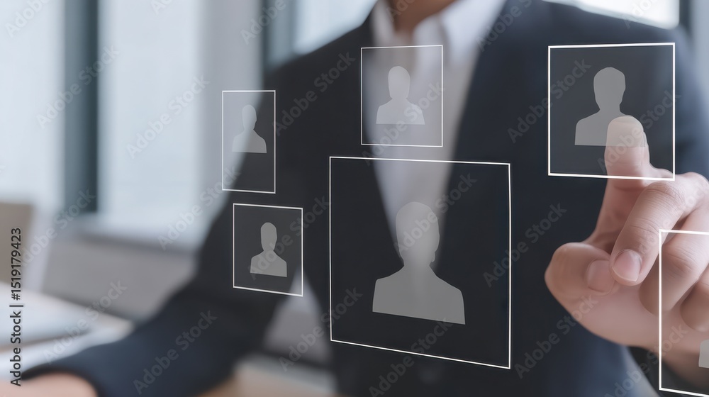 Poster business professional interacting with virtual interface and digital profiles in modern office setti
