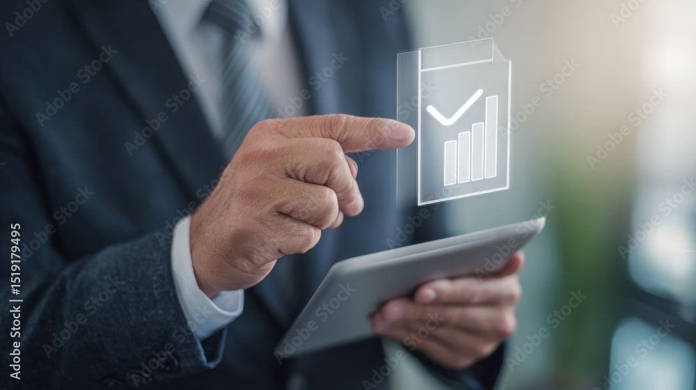 Poster business professional analyzing data trends on tablet with digital graph representation in modern of