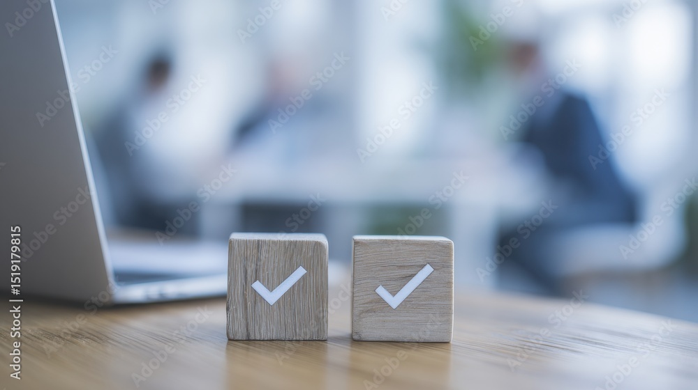 Poster wooden blocks with check marks on a desk in a modern office setting, representing success and accomp
