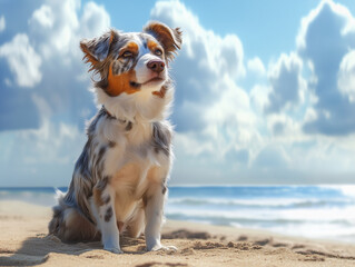 Shaggy Dog Sitting on a Beach with Ocean View and Cloudy Sky