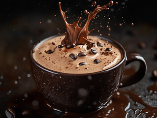 Brown Coffee Mug with Splash and Floating Coffee Beans on Dark Background