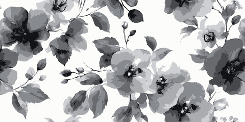 Elegant Monochrome Floral Seamless Pattern Watercolor Style Botanical Design