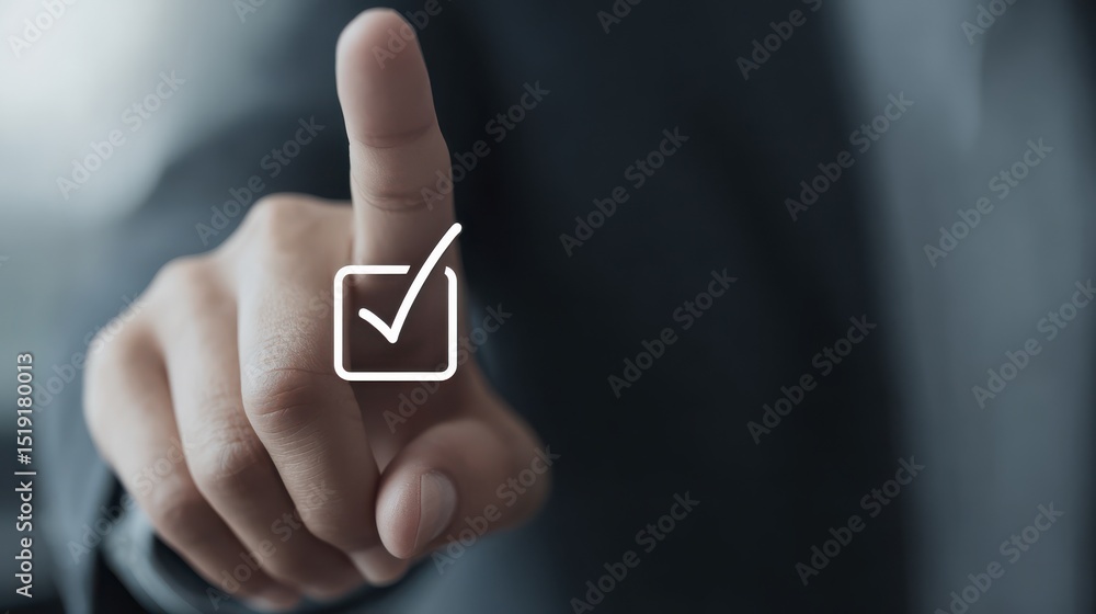 Poster hand pressing check mark symbol on touchscreen for approval or confirmation in modern business envir