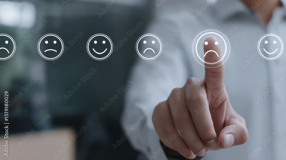 Poster person selecting emotion on feedback scale with happy and sad icons in office setting