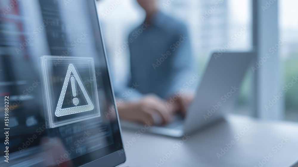 Poster focused view of warning icon on laptop screen with blurred business professional working in backgrou