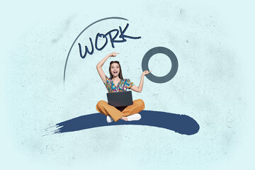 Composite zine pop trend collage of happy businesswoman businessman stand workload target achievement purpose success workshop