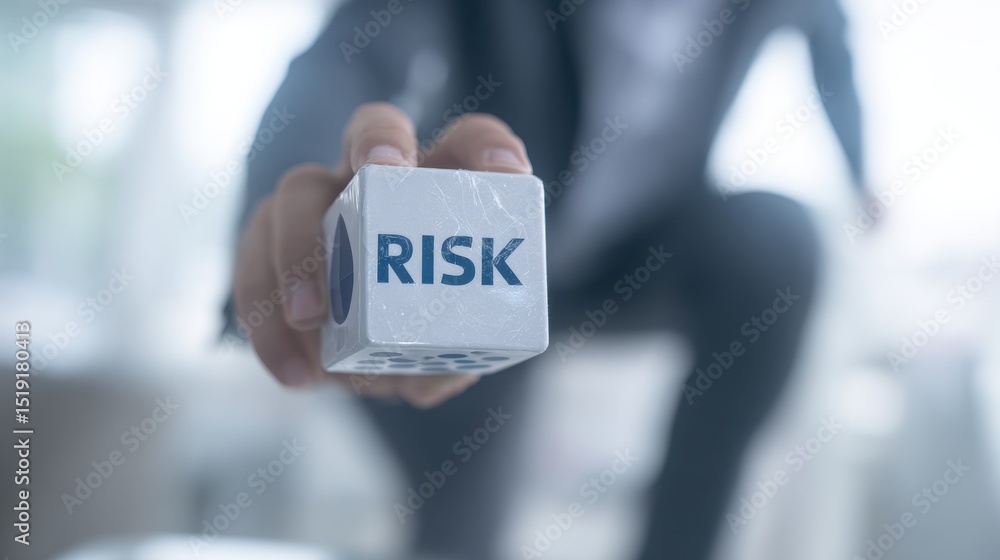 Poster hand holding a risk cube symbolizing decision-making and uncertainty in business environment