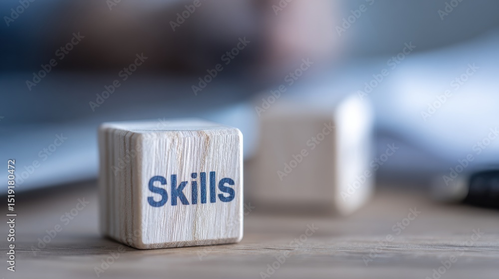 Poster wooden blocks with the word skills on a desk, illustrating personal development and education concep