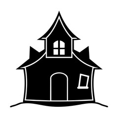 Spooky silhouette of a haunted house illustration in simple black and white for halloween