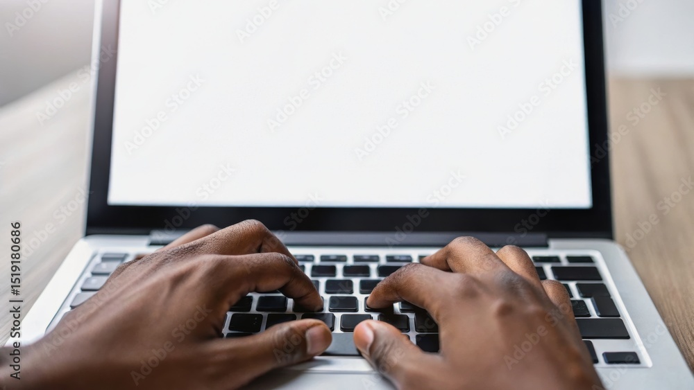 Poster hands typing on a laptop keyboard with a blank screen, emphasizing technology and digital communicat