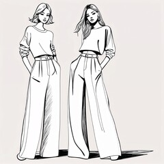 Fashion girl in wide pants, sketch