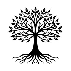 Obraz premium Elegant black and white tree illustration featuring roots branches and leaves on white background