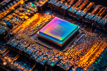 Close-Up of Colorful Microchip on Circuit Board. Generative AI.