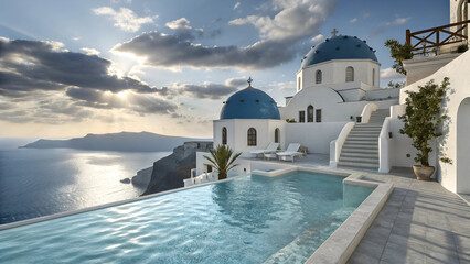 luxury swimming pool in santorini. 3d rendering,generative.ai
