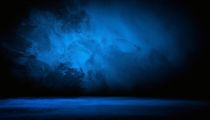 Blue cement wall with dark textured surface, studio and showroom banner background, modern industrial backdrop