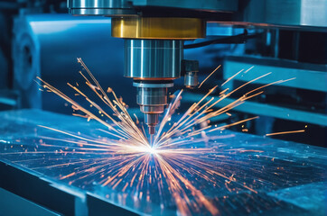 Precision Laser Cutting Process with Sparks. Generative AI.