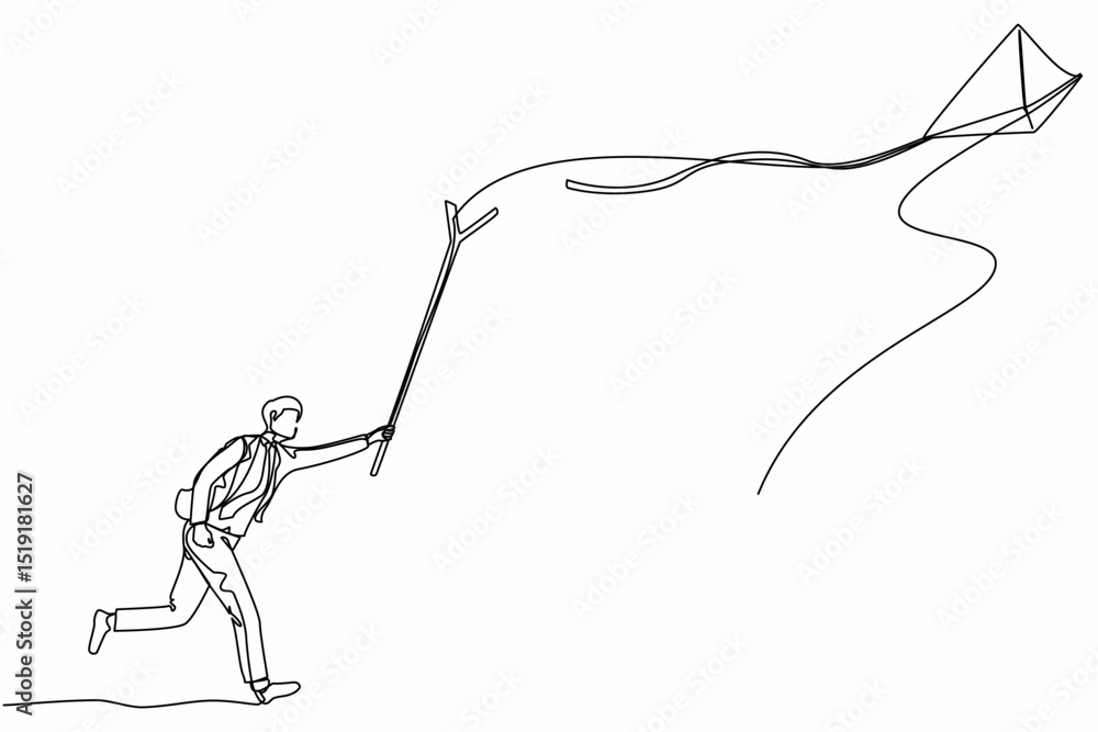 Aufkleber single one line drawing active businessman runs to chasing kite using stick. race for product launch