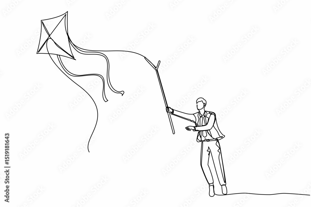 Poster single one line drawing businessman chasing kite using stick. young man trying to catch opportunitie