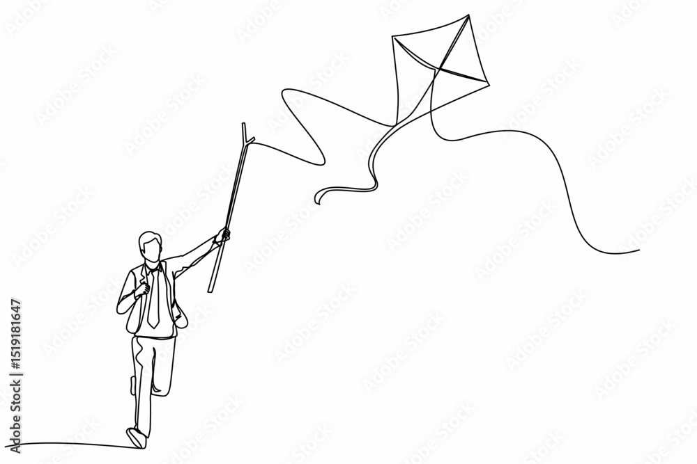 Poster continuous one line drawing businessman runs to chasing kite using stick. manager runs with flying k
