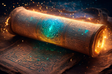 Ancient Magical Scrolls with Glowing Symbolic Patterns. Generative AI.