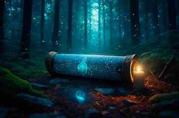 Enchanted Scroll and Candlelight in Mystic Forest. Generative AI.